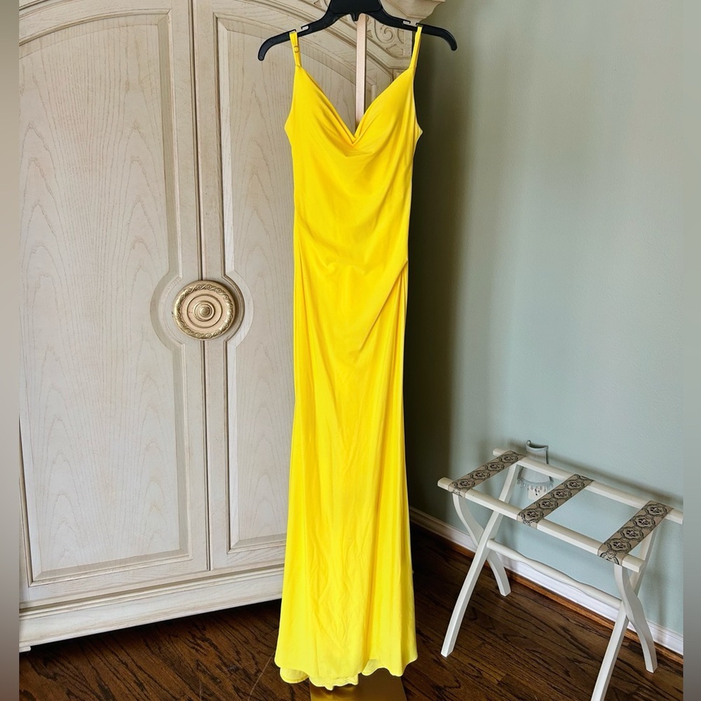 La Femme Yellow Soft Jersey Ruched Dress with Draped Neckline – Size 2